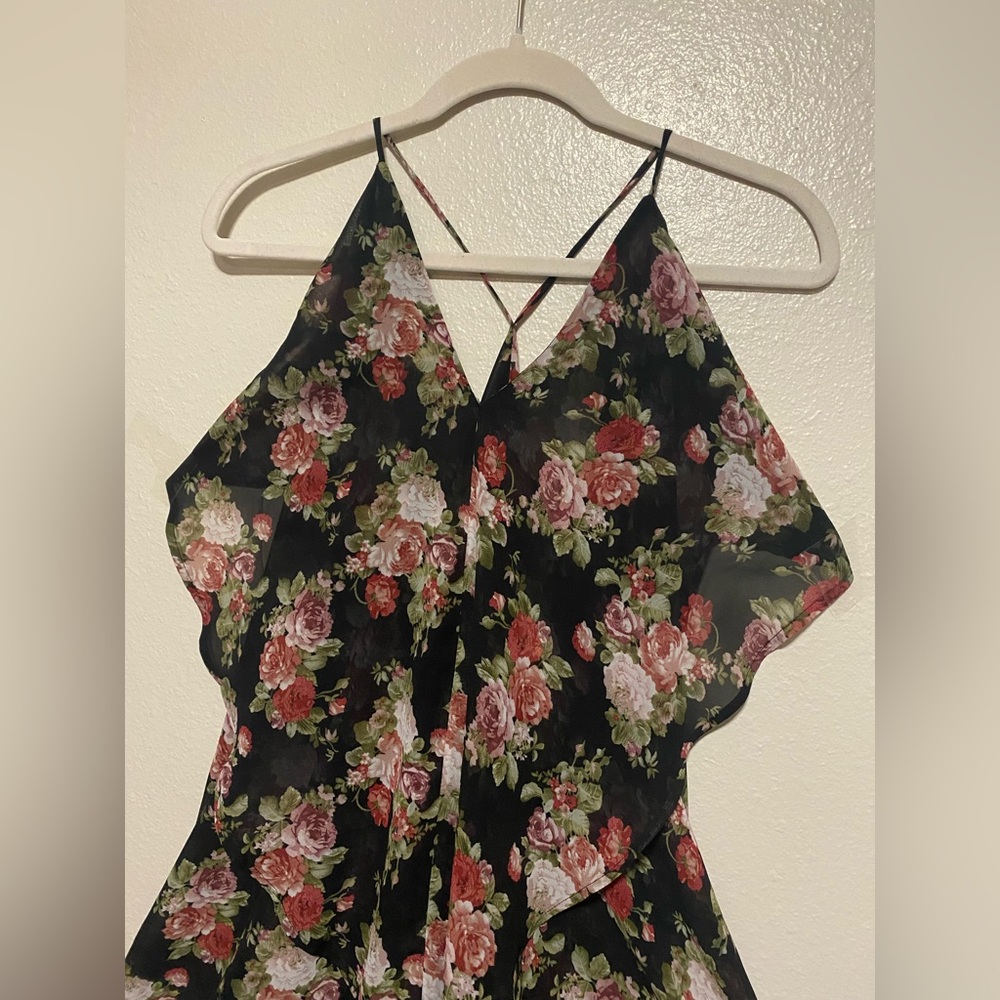 Semi Sheer Floral Asymmetrical Mini Dress Black Rose Print Strappy Small - Picture 4 of 7